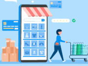Illustration of a person with a shopping cart in front of a giant smartphone displaying an online store, with boxes and payment icons around.