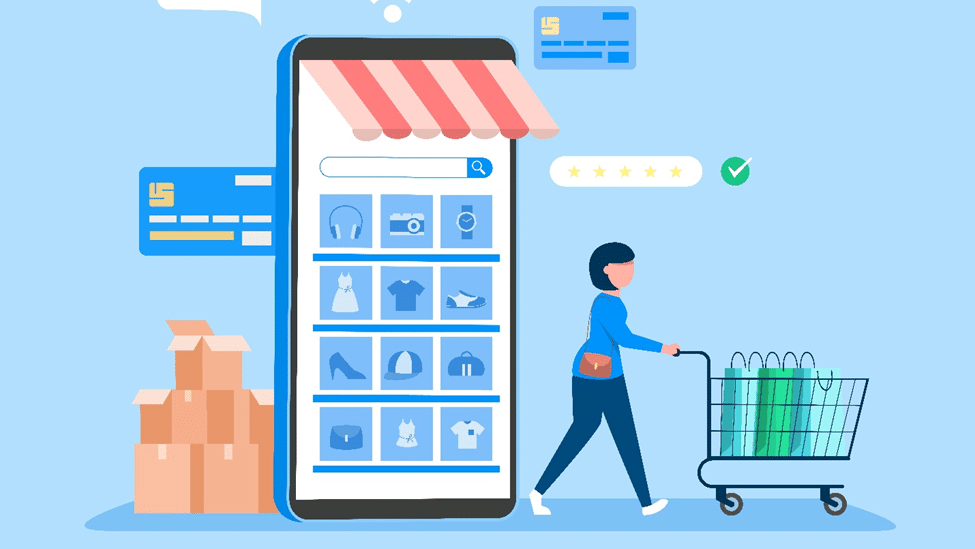 Illustration of a person with a shopping cart in front of a giant smartphone displaying an online store, with boxes and payment icons around.