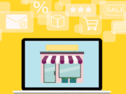 Illustration of a laptop displaying a storefront, surrounded by icons for email, sale, shopping cart, and credit card on a yellow background.