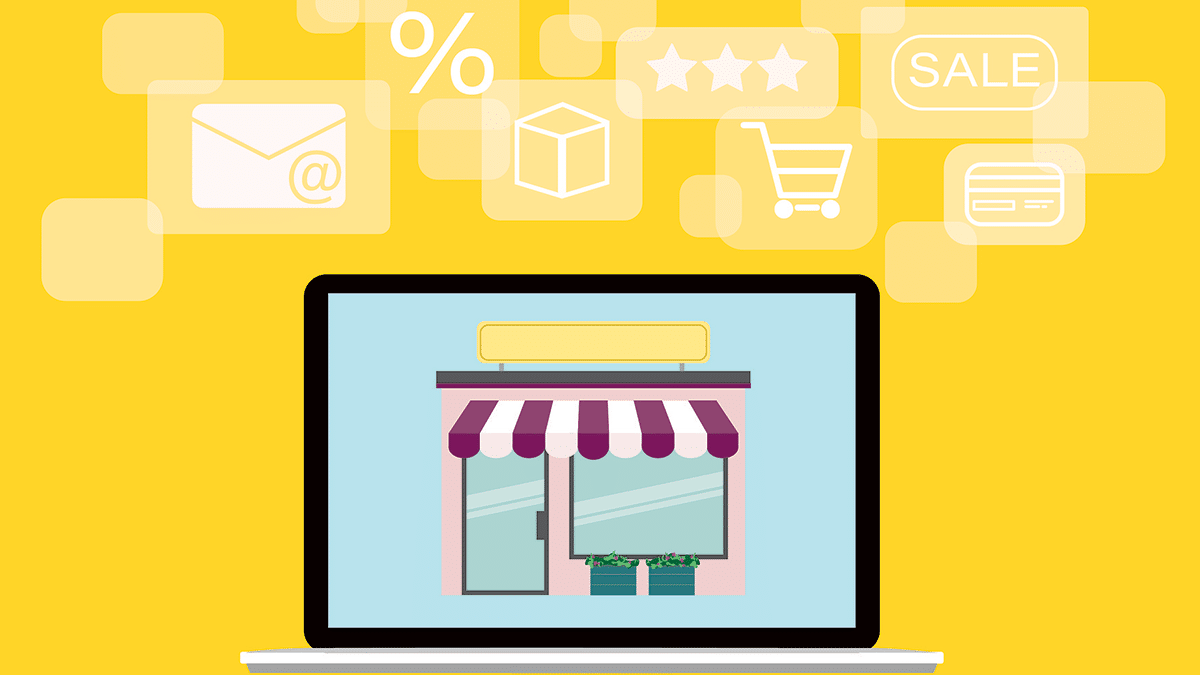 Illustration of a laptop displaying a storefront, surrounded by icons for email, sale, shopping cart, and credit card on a yellow background.