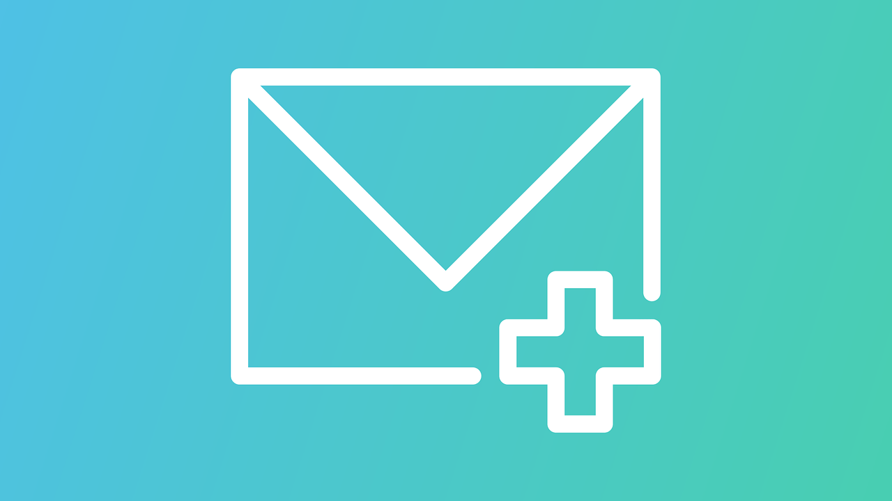 An envelope icon with a plus symbol in the bottom right corner on a blue to green gradient background.
