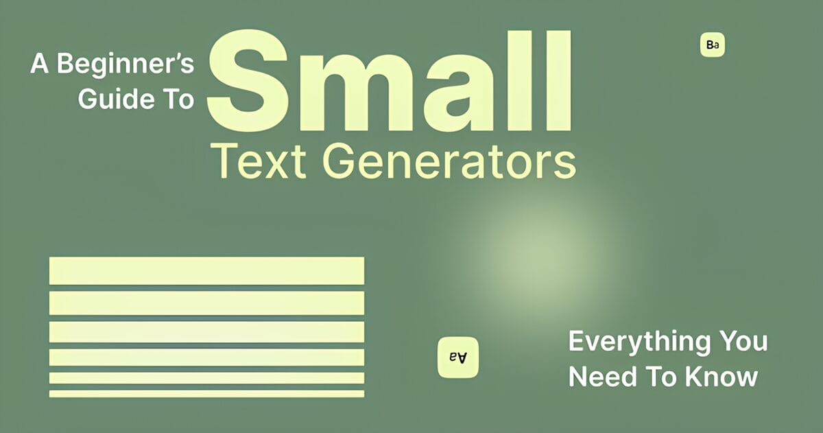 Green image with text: A Beginners Guide to Small Text Generators. Everything You Need to Know. Includes stylized text bubbles.