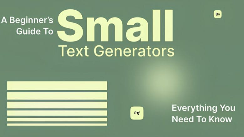 Green image with text: A Beginners Guide to Small Text Generators. Everything You Need to Know. Includes stylized text bubbles.