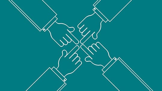 Illustration of four hands in suits, each extending a finger, pointing inwards from each corner against a teal background.