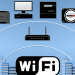 Diagram of WiFi connections linking various devices, including a TV, printer, computers, gas meter, and heat meter, against a cityscape background.