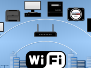 Diagram of WiFi connections linking various devices, including a TV, printer, computers, gas meter, and heat meter, against a cityscape background.