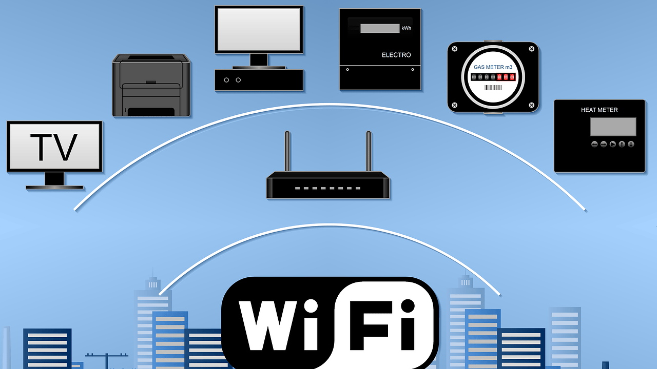 Diagram of WiFi connections linking various devices, including a TV, printer, computers, gas meter, and heat meter, against a cityscape background.