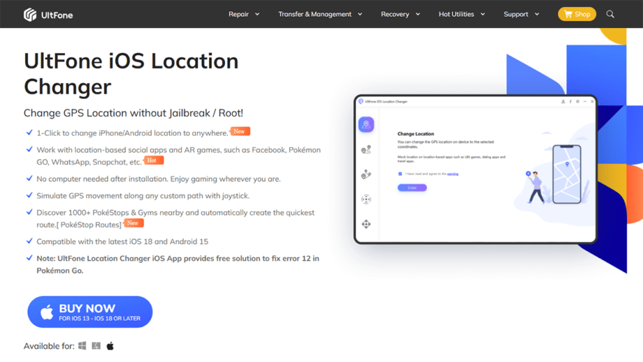 Screenshot of UltFone iOS Location Changer website showing features and a purchase button for the location-changing app.