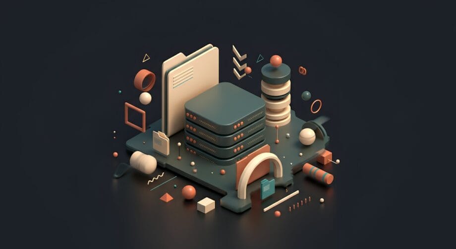 A 3D illustration of abstract geometric shapes resembling a miniature cityscape against a dark background, featuring cubes, spheres, and arches.