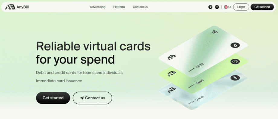 Website homepage featuring promotional text for AnyBill virtual cards, highlighting immediate card issuance. Includes Get started and Contact us buttons.