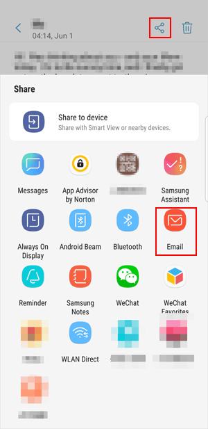 Screenshot of a smartphone sharing menu with options like Messages, Bluetooth, WeChat, and Email highlighted in red.