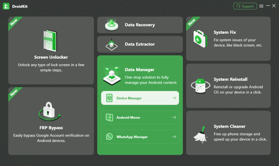 Dashboard of DroidKit software highlighting features like data recovery, screen unlocker, system cleaner, and more with green and gray color scheme.