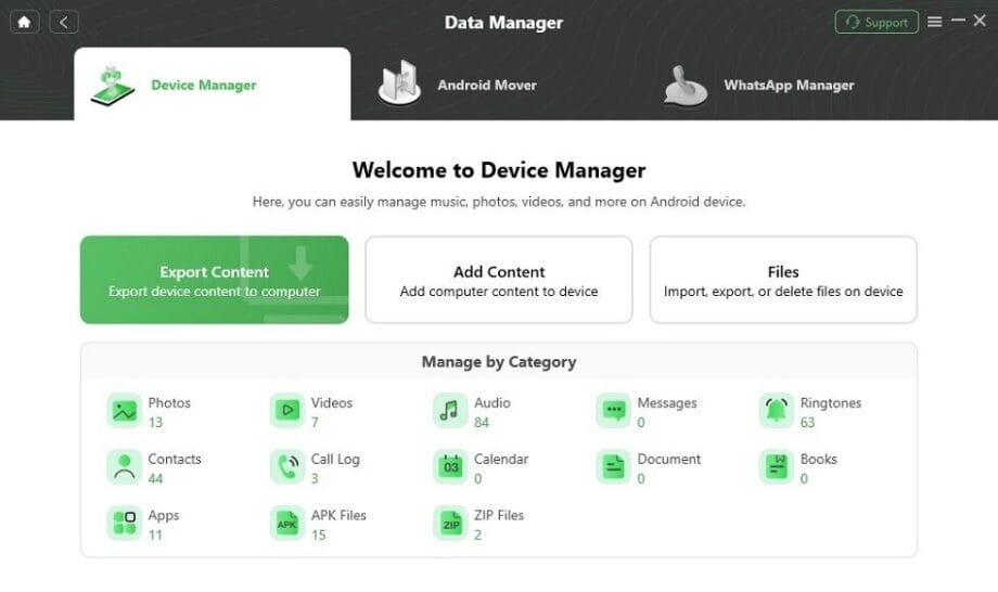 Screenshot of a Data Manager interface showing options to export content, add content, and manage files by category, such as photos and videos.