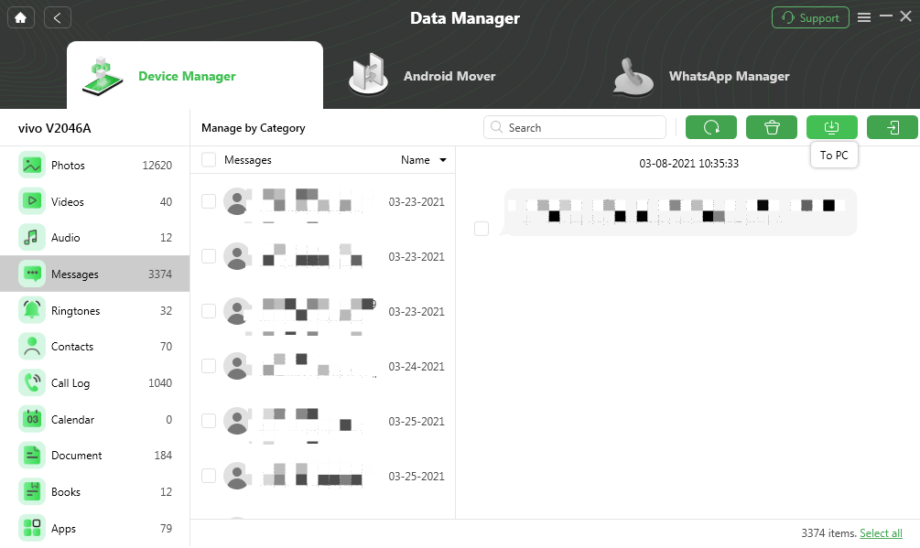 Data management software interface showing device details, file categories, and a list of messages with dates and times on a computer screen.