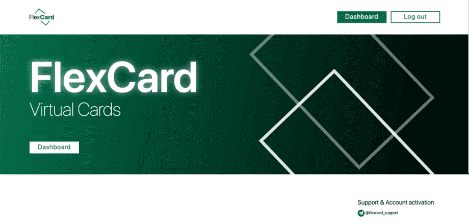 FlexCard website interface displaying Virtual Cards with options for Dashboard, Log out, and support/contact information at the bottom.