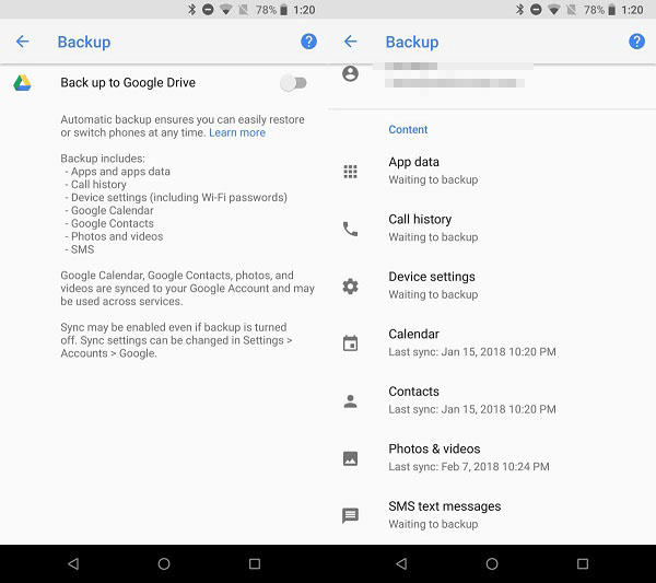 Smartphone screen shows Google Drive backup settings, listing items like app data, call history, and device settings with recent sync times.