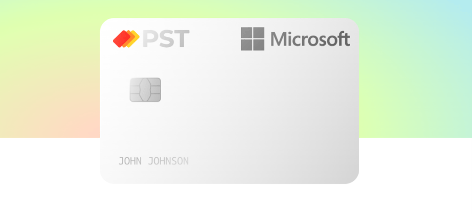 A credit card displaying PST and Microsoft logos, with a chip on the left and the name John Johnson embossed below.