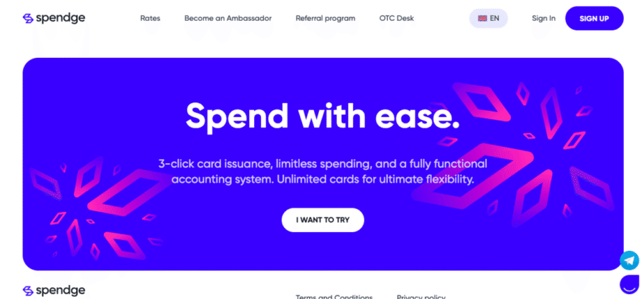 Website homepage with a prominent banner reading, Spend with ease. Features include 3-click card issuance and unlimited cards for flexibility.