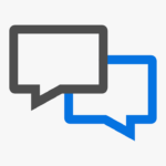 Two overlapping speech bubble icons, one black and one blue, on a plain white background.