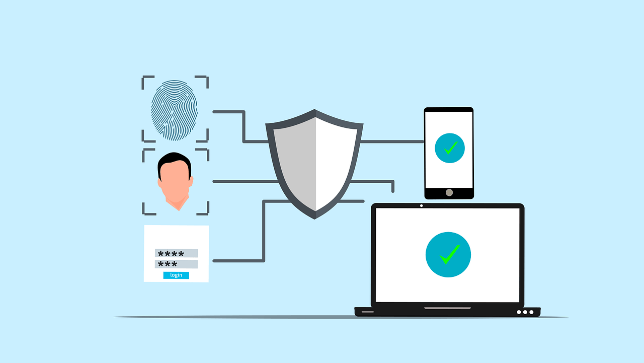 Diagram of digital security showing fingerprint, face scan, password, shield, laptop, and phone with checkmarks, connected by lines.