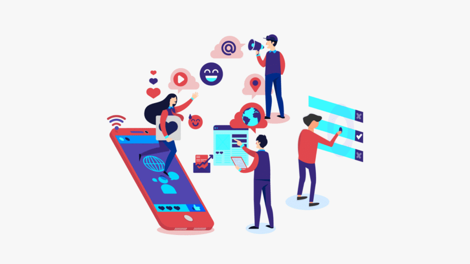Illustration of people using smartphone apps, with icons for social media, messaging, and digital interactions around them.