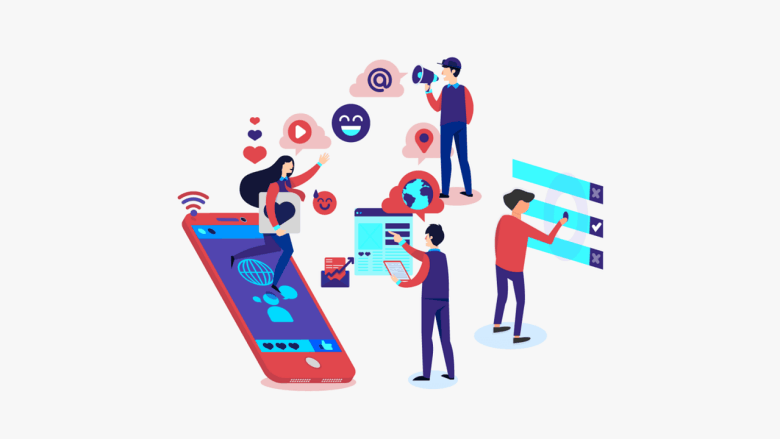 Illustration of people using smartphone apps, with icons for social media, messaging, and digital interactions around them.