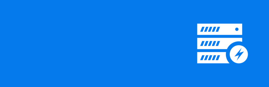 Illustration of three white servers stacked vertically with a lightning bolt icon in a circle, against a solid blue background.