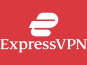 Red background with a stylized white E logo above the text ExpressVPN in bold white font.
