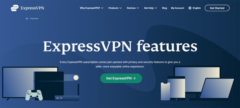 ExpressVPN features page with tagline about privacy and security. Image of various digital devices including a monitor, tablet, phone, and gaming console.