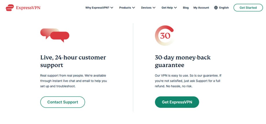 ExpressVPN features: left side offers 24-hour customer support; right side highlights a 30-day money-back guarantee.