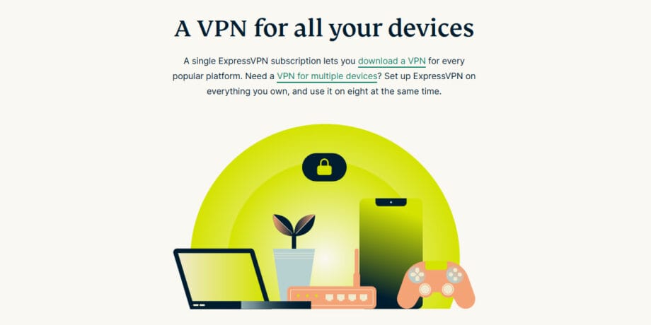 Illustration of a laptop, plant, smartphone, gaming controller, and a padlock with text about VPN for multiple devices.