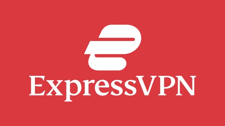 Red background with a stylized white E logo above the text ExpressVPN in bold white font.