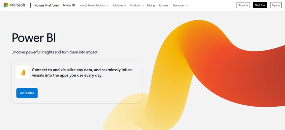 Screenshot of the Microsoft Power BI homepage featuring a “Get started” button and abstract orange and yellow graphics.
