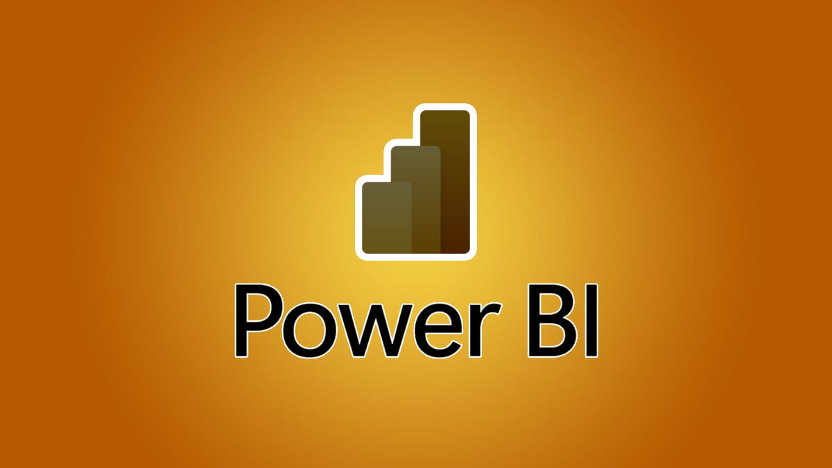 Power BI logo with three vertical bars above the text Power BI on an orange gradient background.