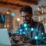 Man with glasses using smartphone and laptop in a warmly lit room, surrounded by digital network graphics.