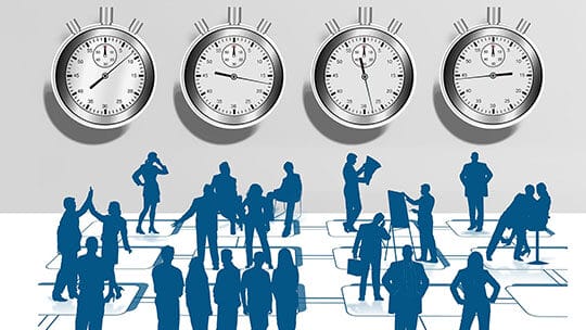 Silhouettes of people engaged in various tasks beneath four analog stopwatches on a grid-like background.