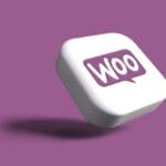 A white 3D square button with a purple Woo speech bubble logo, floating above a purple background.