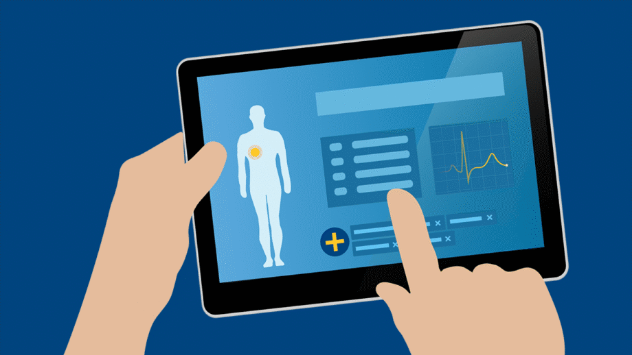 Illustration of hands using a tablet displaying medical data, a human silhouette, and a heart rate graph on the screen.