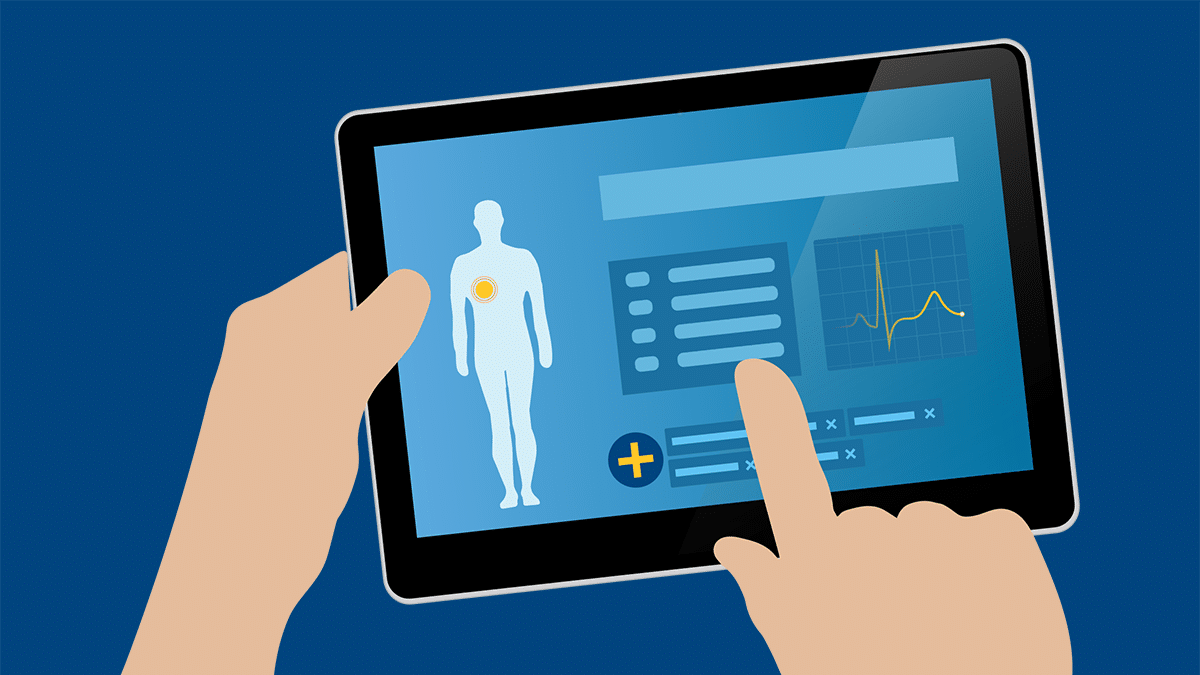 A person uses a tablet displaying a health monitoring app with a human figure, vital stats, and a heart rate graph.