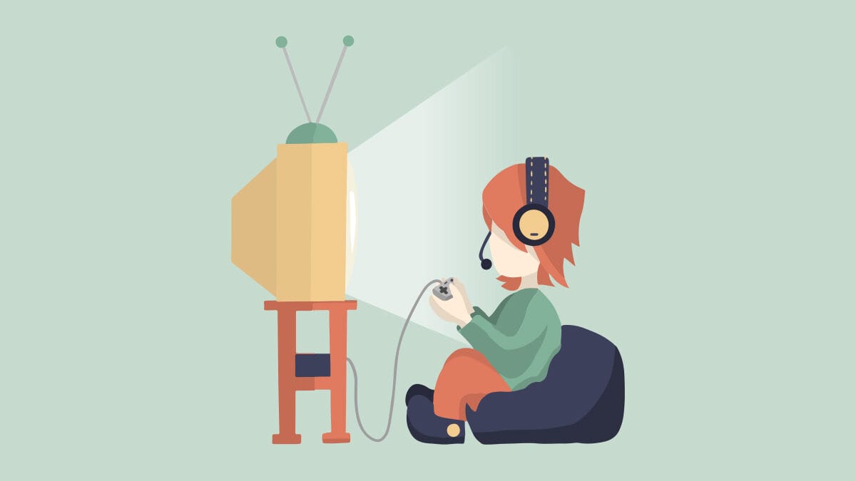 A person sits on a bean bag chair, wearing headphones and playing a video game on a retro television with antennas.