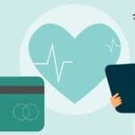Illustration of a doctor holding a clipboard next to a health card, with a heart and EKG line in the background.
