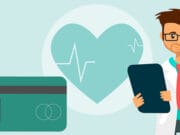 Illustration of a doctor holding a clipboard next to a health card, with a heart and EKG line in the background.