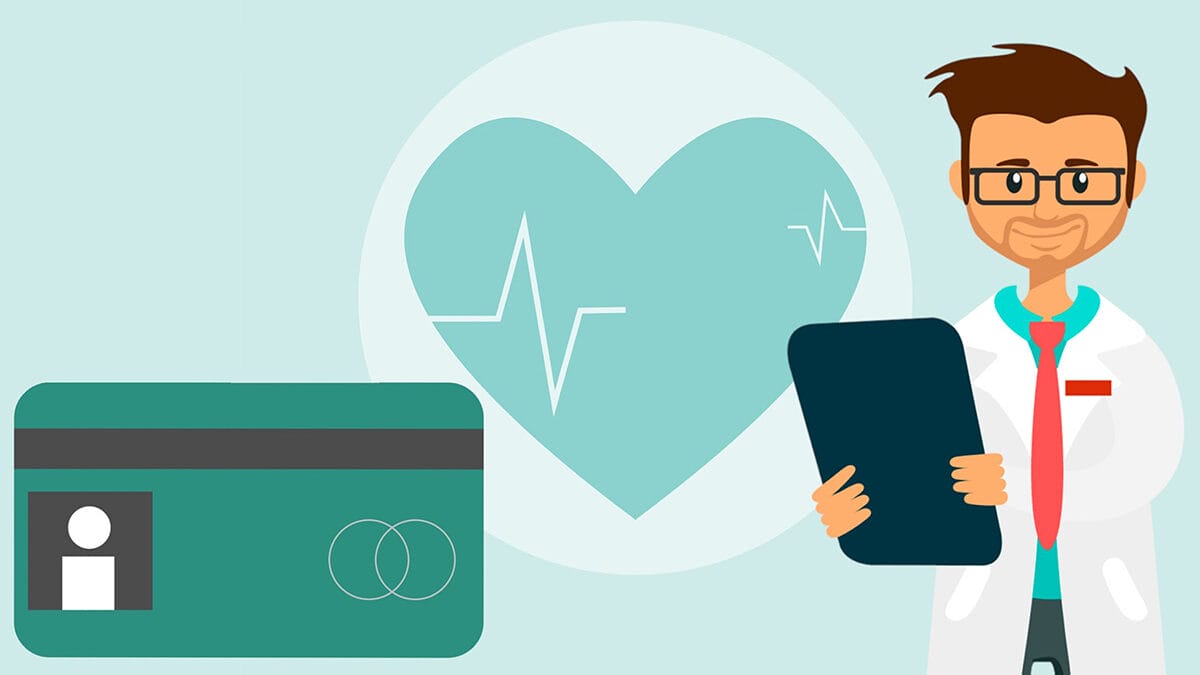Illustration of a doctor holding a clipboard next to a health card, with a heart and EKG line in the background.