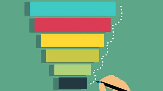 Illustration of a sales funnel with five colored horizontal bars, descending in size. A hand with a pen draws a dotted line from the bottom.