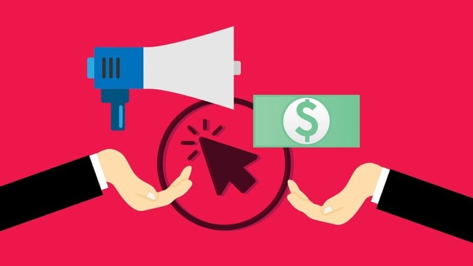 Illustration of a megaphone, dollar bill, and cursor icon between two outstretched hands, against a red background.