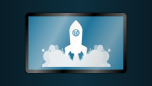 Illustration of a tablet displaying a rocket with the WordPress logo, set against a blue background with cloud-like designs.