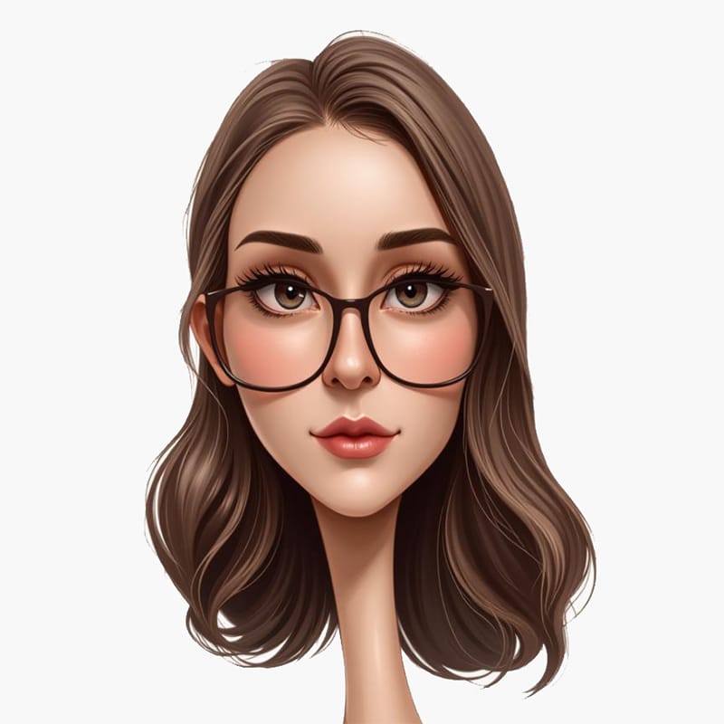 Digital illustration of Anna Hester with shoulder-length brown hair, wearing glasses, and a neutral expression.