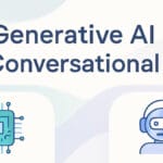 Text Generative AI vs Conversational AI with a chip icon and a robot head with speech bubbles on a light background.