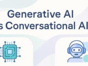 Text Generative AI vs Conversational AI with a chip icon and a robot head with speech bubbles on a light background.