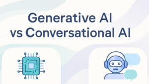 Text Generative AI vs Conversational AI with a chip icon and a robot head with speech bubbles on a light background.